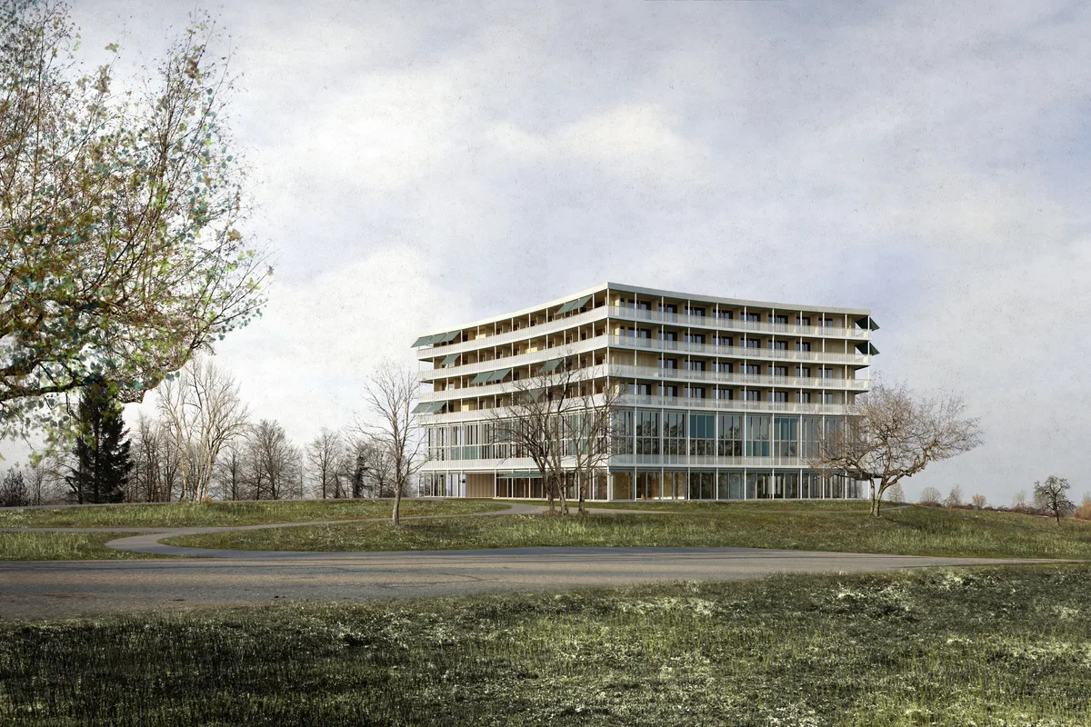 Eine Visualisierung eines Klinikneubaus mitten in der Natur.